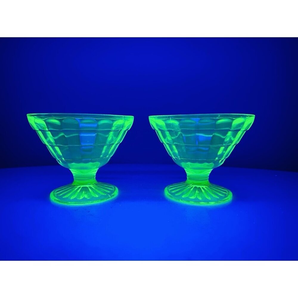 Anchor Hocking Block Optic Sherbet Dish x 2 Uranium Glass Vaseline Dish